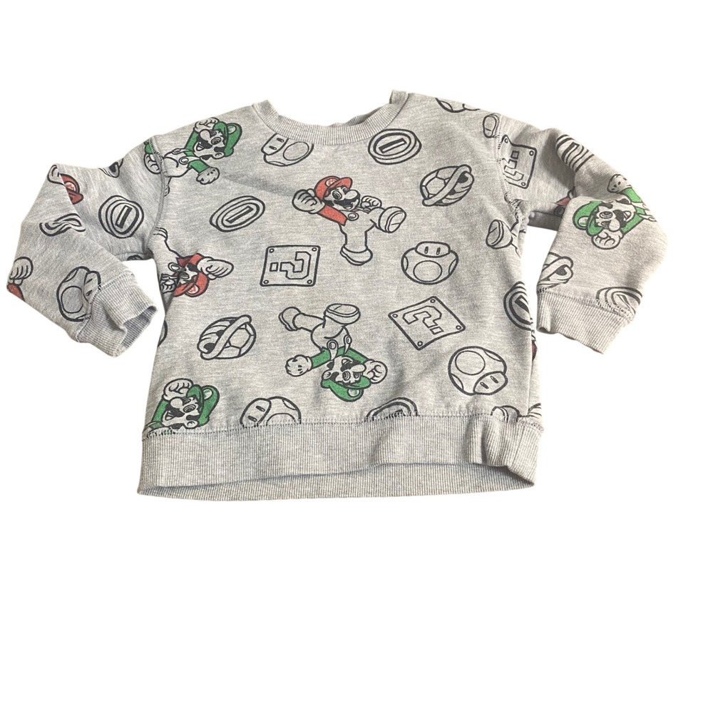 Super Mario Sweatshirt Kids Gray All Over Print Nintendo Fleece SIZE 4T‎